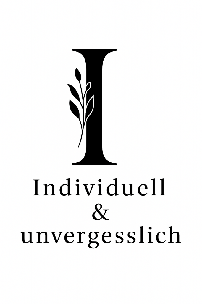 Grafik des Buchstabens "I", verziert mit einer schwarzen Blätterranke, darunter der Schriftzug "Individuell & unvergesslich".